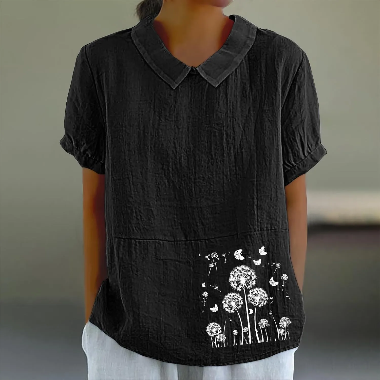 Womens Short Sleeve Linen Shirt Babydoll Collar Blouse Floral Print Linen Tops Plus Size Flowy Tops Dressy Tunic Tops