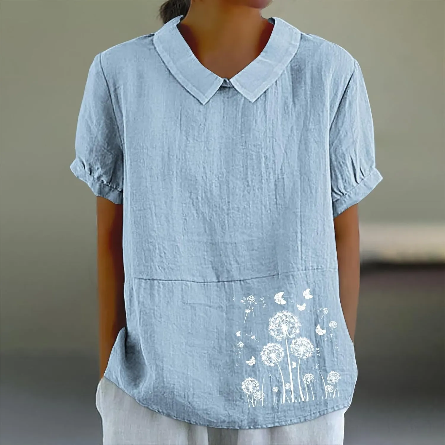 Womens Short Sleeve Linen Shirt Babydoll Collar Blouse Floral Print Linen Tops Plus Size Flowy Tops Dressy Tunic Tops