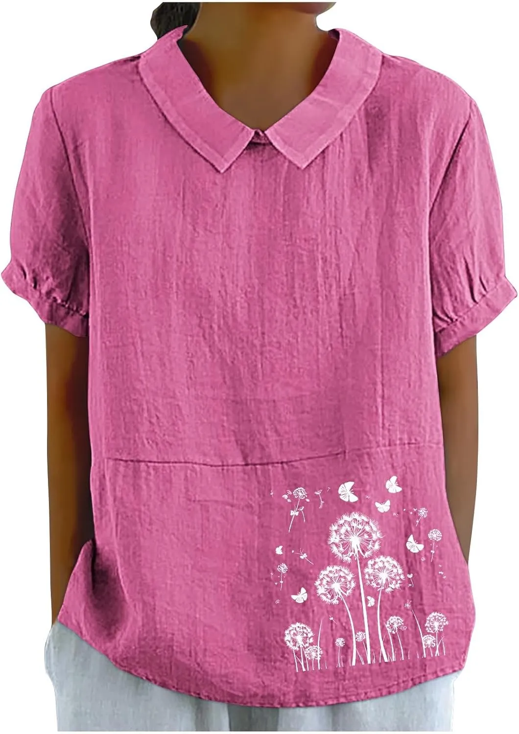 Womens Short Sleeve Linen Shirt Babydoll Collar Blouse Floral Print Linen Tops Plus Size Flowy Tops Dressy Tunic Tops