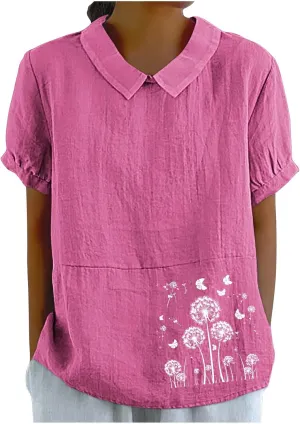 Womens Short Sleeve Linen Shirt Babydoll Collar Blouse Floral Print Linen Tops Plus Size Flowy Tops Dressy Tunic Tops