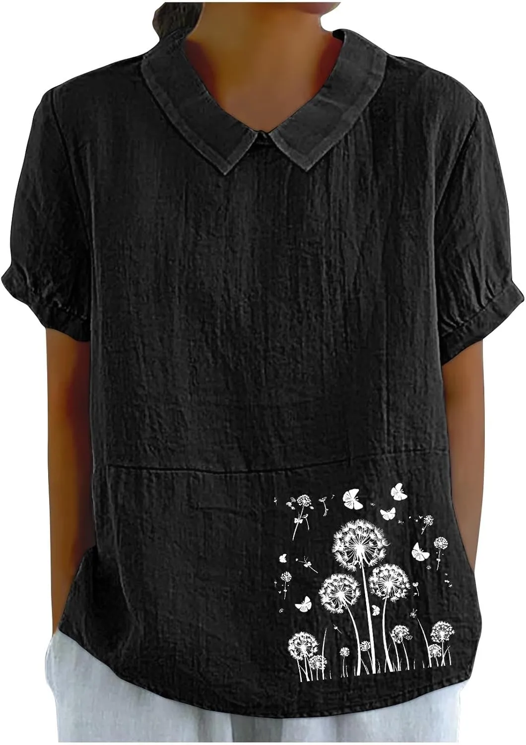 Womens Short Sleeve Linen Shirt Babydoll Collar Blouse Floral Print Linen Tops Plus Size Flowy Tops Dressy Tunic Tops