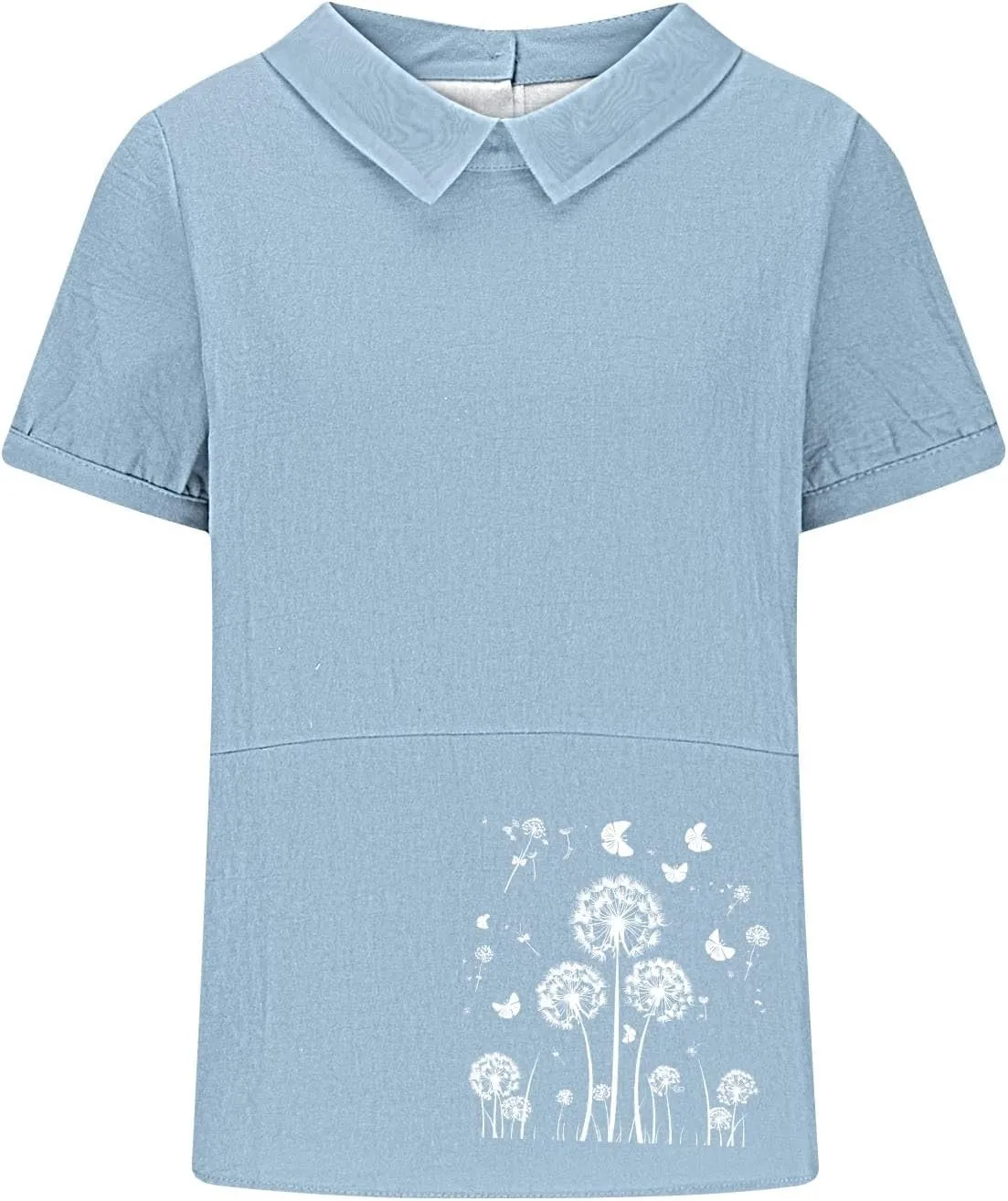 Womens Short Sleeve Linen Shirt Babydoll Collar Blouse Floral Print Linen Tops Plus Size Flowy Tops Dressy Tunic Tops