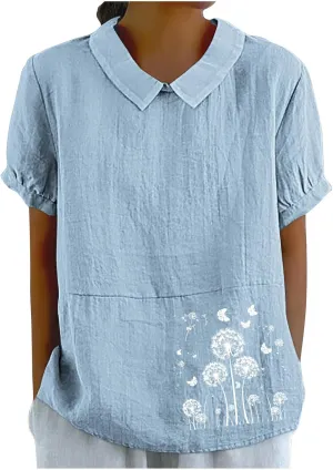Womens Short Sleeve Linen Shirt Babydoll Collar Blouse Floral Print Linen Tops Plus Size Flowy Tops Dressy Tunic Tops