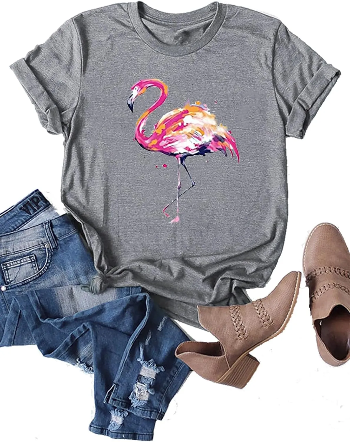 Women's Short Sleeve Round Neck Loose Cute Animal Flamingo Print Tee T-Shirt Top