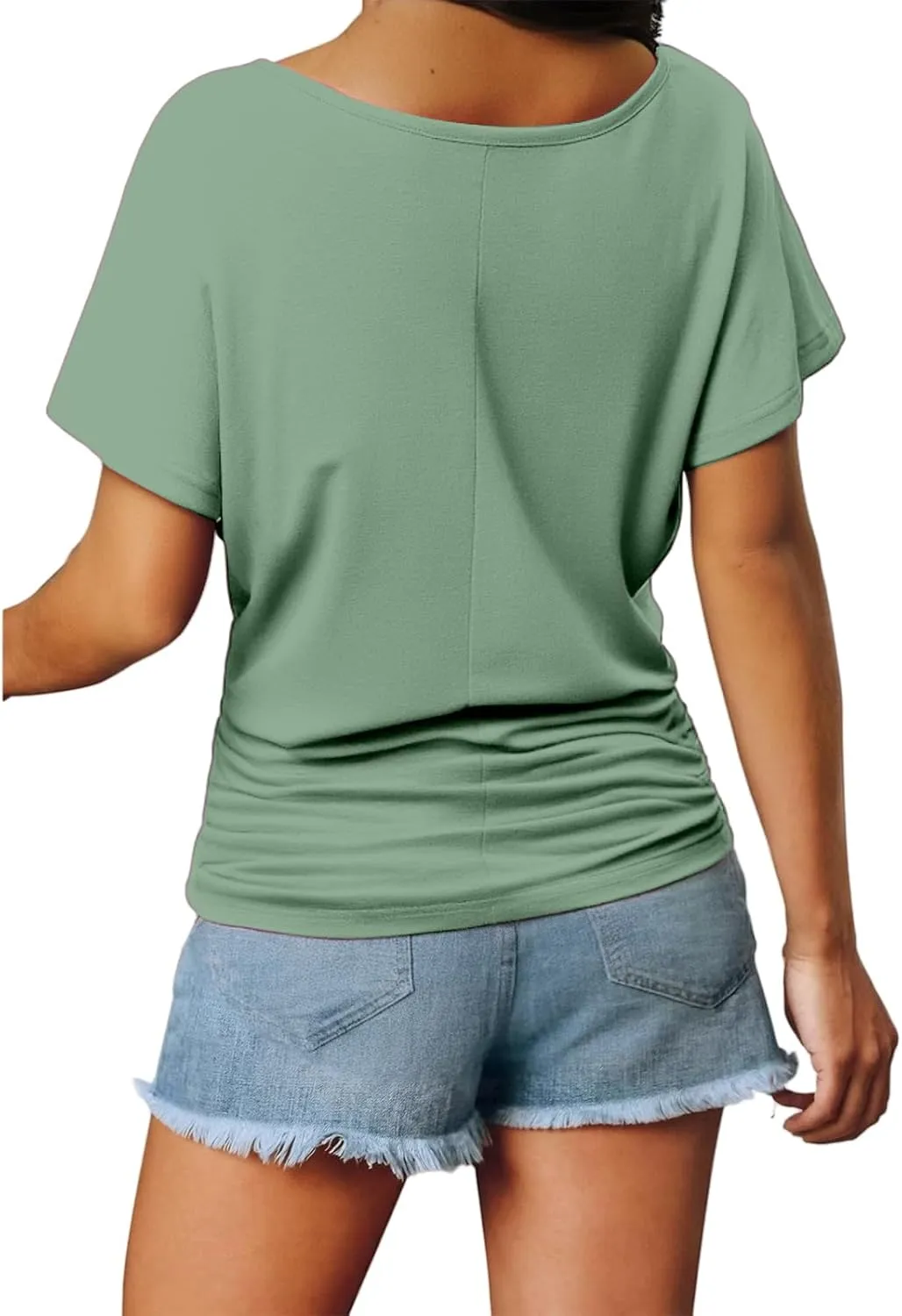 Womens Short Sleeve V Neck Dolman Tops Loose Fit Blouse Shirts Summer Business Tunic T Shirts with Side Shirring