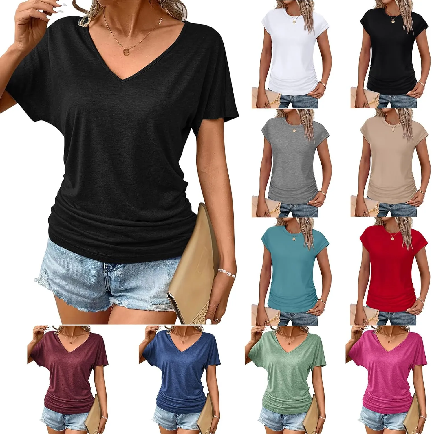 Womens Short Sleeve V Neck Dolman Tops Loose Fit Blouse Shirts Summer Business Tunic T Shirts with Side Shirring