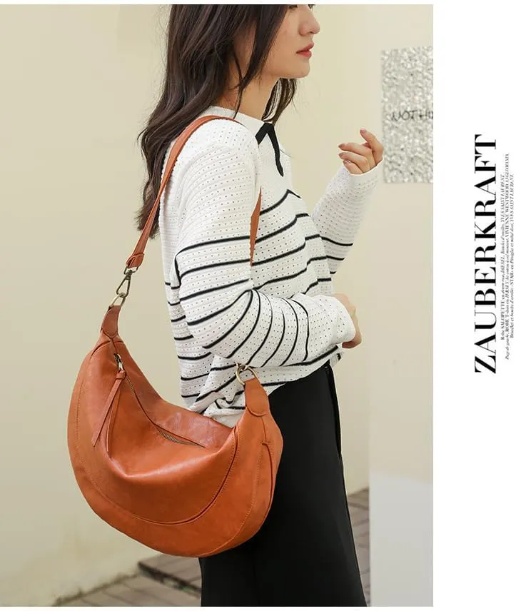 Women's Shoulder Bags Crescent Shape PU Leather Sling Bag Cute Hobo Tote Handbag Mini Clutch Purse with Zipper Closure