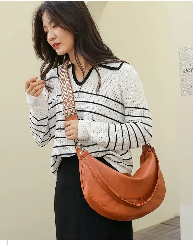 Women's Shoulder Bags Crescent Shape PU Leather Sling Bag Cute Hobo Tote Handbag Mini Clutch Purse with Zipper Closure