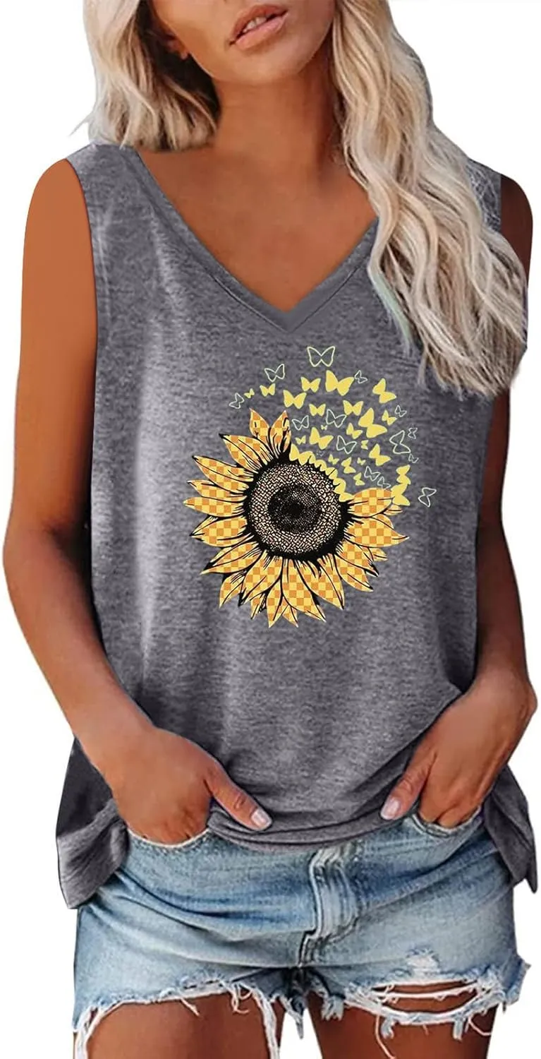 Women's Sleeveless Summer Tops Casual Trendy Sunflower Graphic T Shirts V Neck Basic Tunic Blouses Ladies Outfits