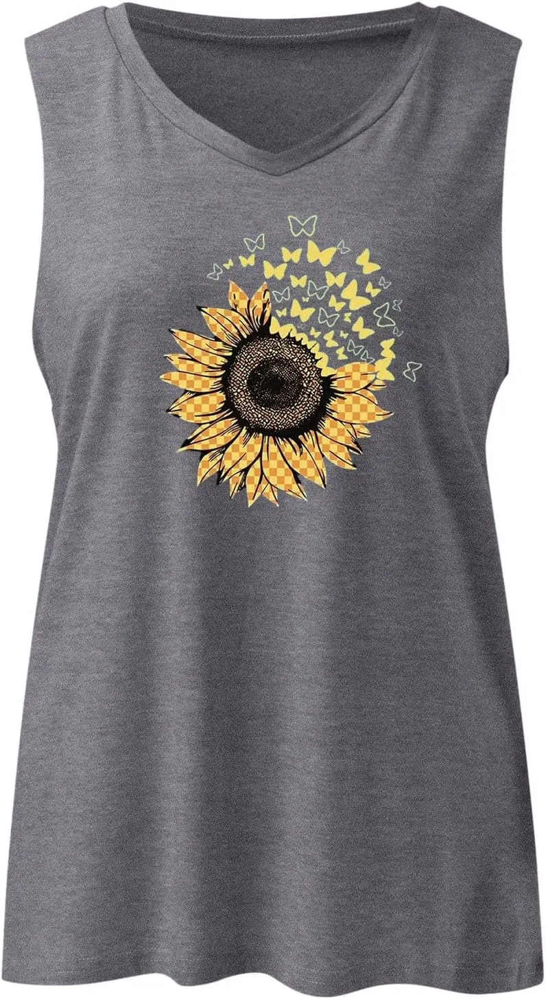 Women's Sleeveless Summer Tops Casual Trendy Sunflower Graphic T Shirts V Neck Basic Tunic Blouses Ladies Outfits