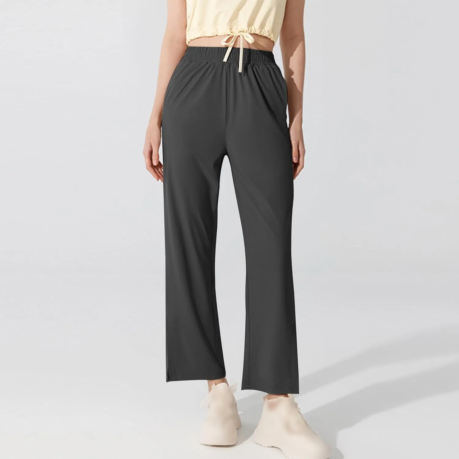 Women's Soft Stretch Lounge Yoga Pants with Pockets for Daily Wear Summer Casual High Waisted Split Hem Trousers