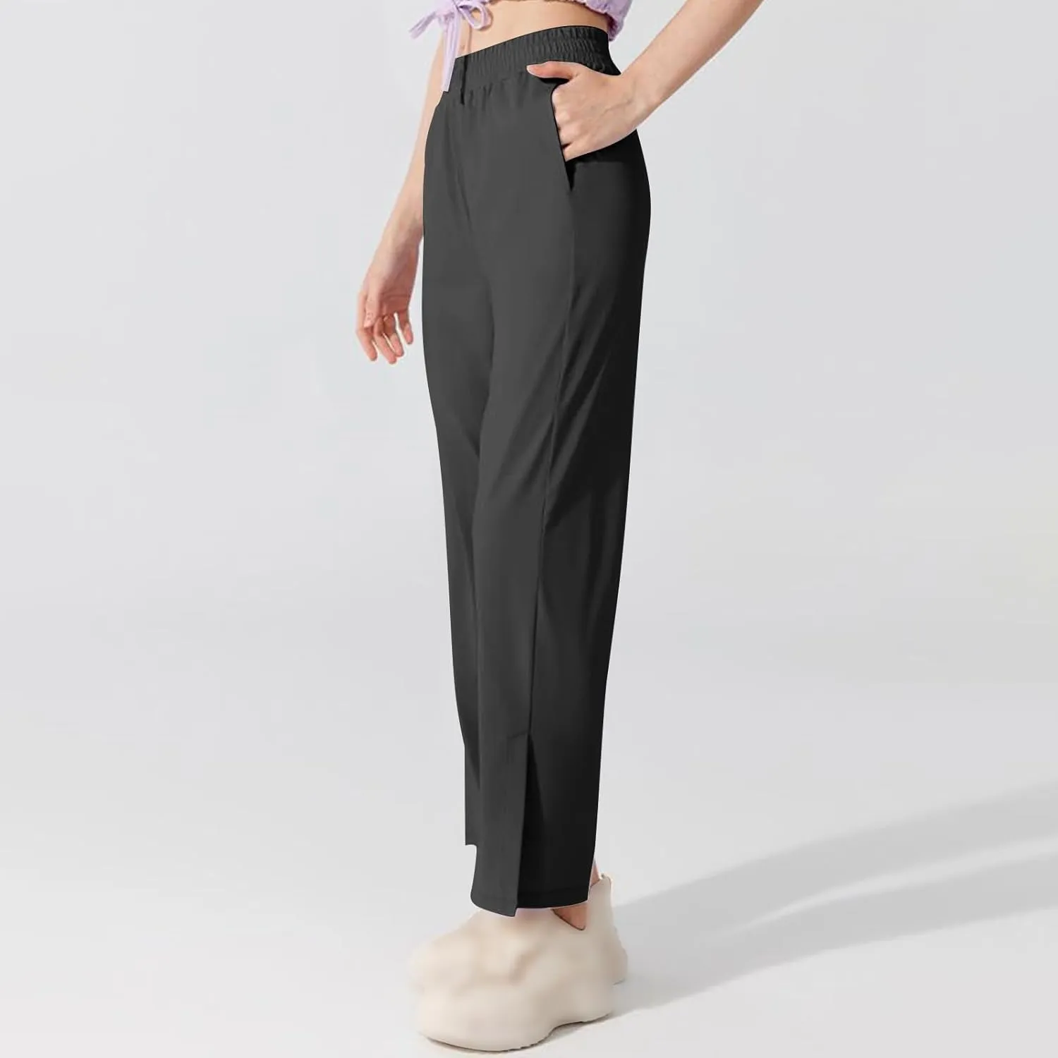 Women's Soft Stretch Lounge Yoga Pants with Pockets for Daily Wear Summer Casual High Waisted Split Hem Trousers