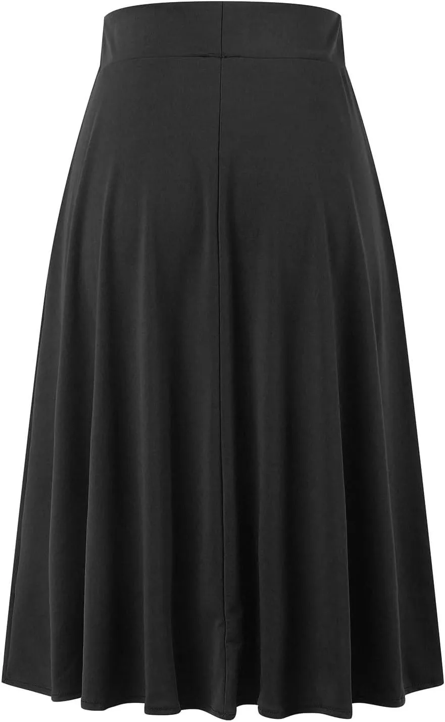 Women's Solid Basic Lightweight Midi Skirts Flare Knee Length Skirt Elastic Waist Office Pleated Skirt