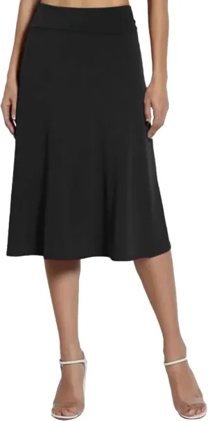 Women's Solid Basic Lightweight Midi Skirts Flare Knee Length Skirt Elastic Waist Office Pleated Skirt