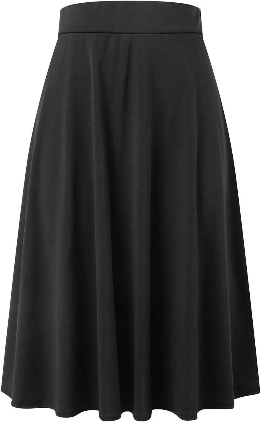 Women's Solid Basic Lightweight Midi Skirts Flare Knee Length Skirt Elastic Waist Office Pleated Skirt