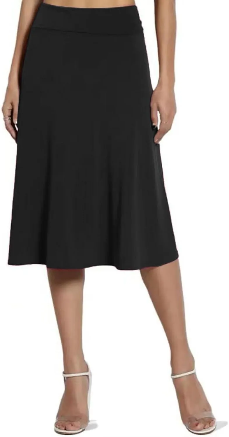 Women's Solid Basic Lightweight Midi Skirts Flare Knee Length Skirt Elastic Waist Office Pleated Skirt