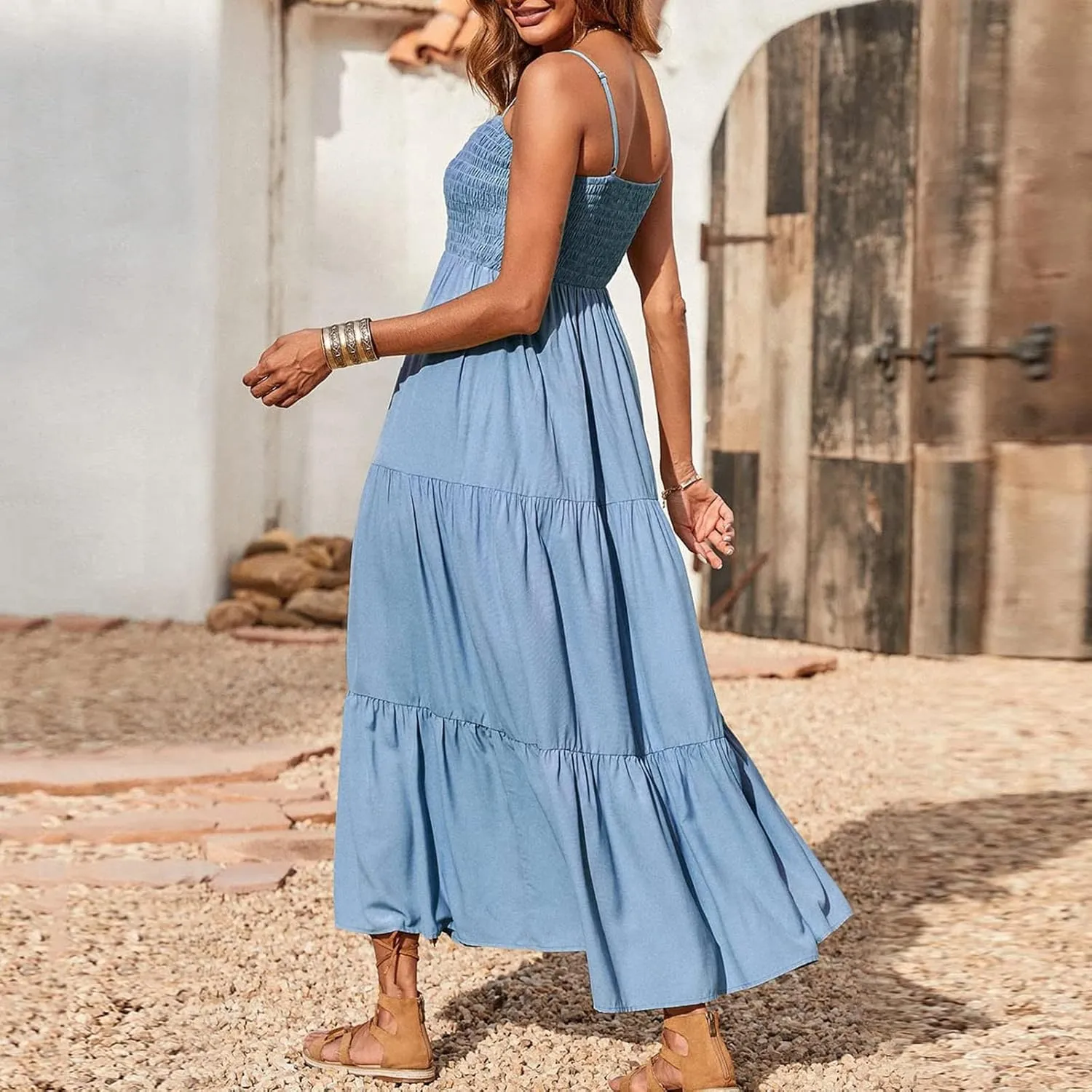 Women's Spaghetti Strap Tiered Dress A-Line Summer Sleeveless Ribbed Knit Sundresses Flowy Beach Vacation Midi Dresses