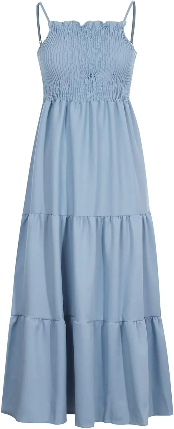 Women's Spaghetti Strap Tiered Dress A-Line Summer Sleeveless Ribbed Knit Sundresses Flowy Beach Vacation Midi Dresses