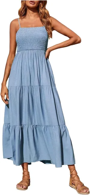 Women's Spaghetti Strap Tiered Dress A-Line Summer Sleeveless Ribbed Knit Sundresses Flowy Beach Vacation Midi Dresses
