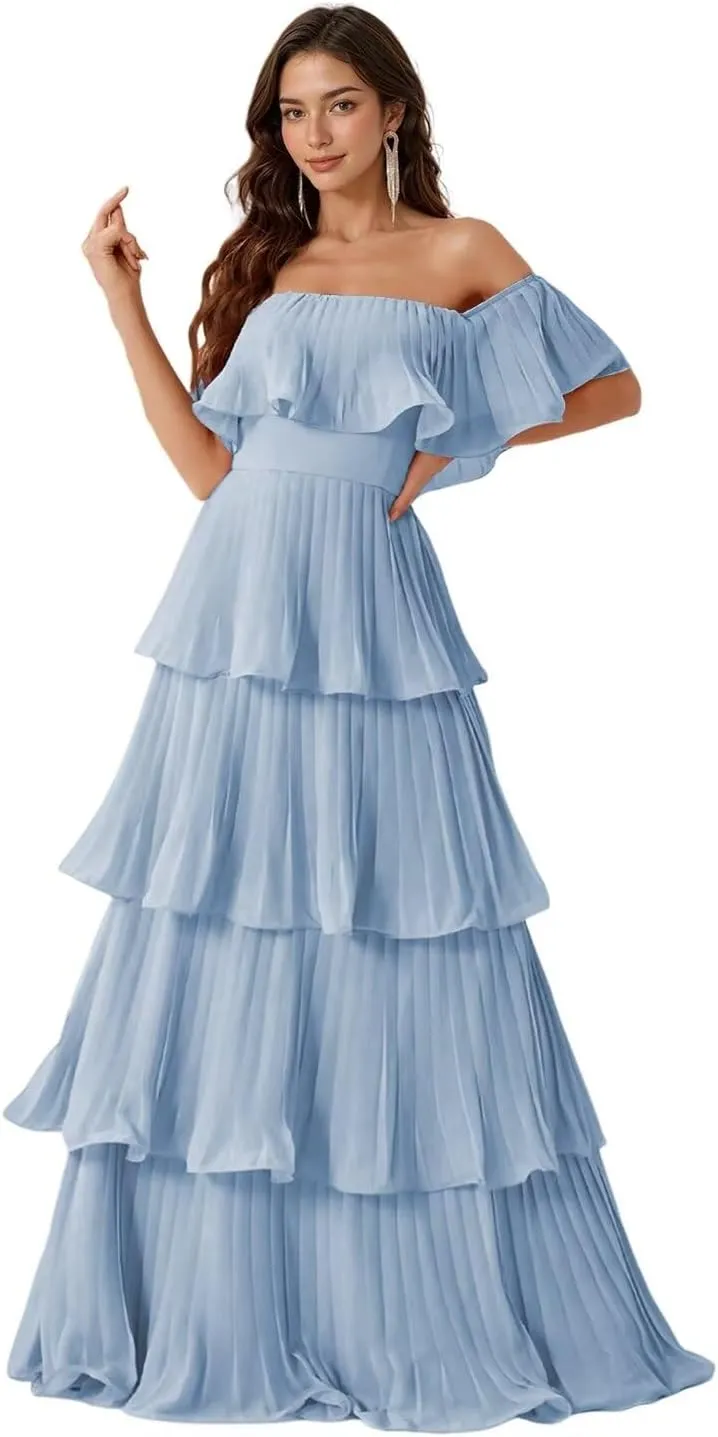 Women's Strapless Prom Dress Sleeveless Chiffon Pleated Layered Formal Dress 2025 LN94