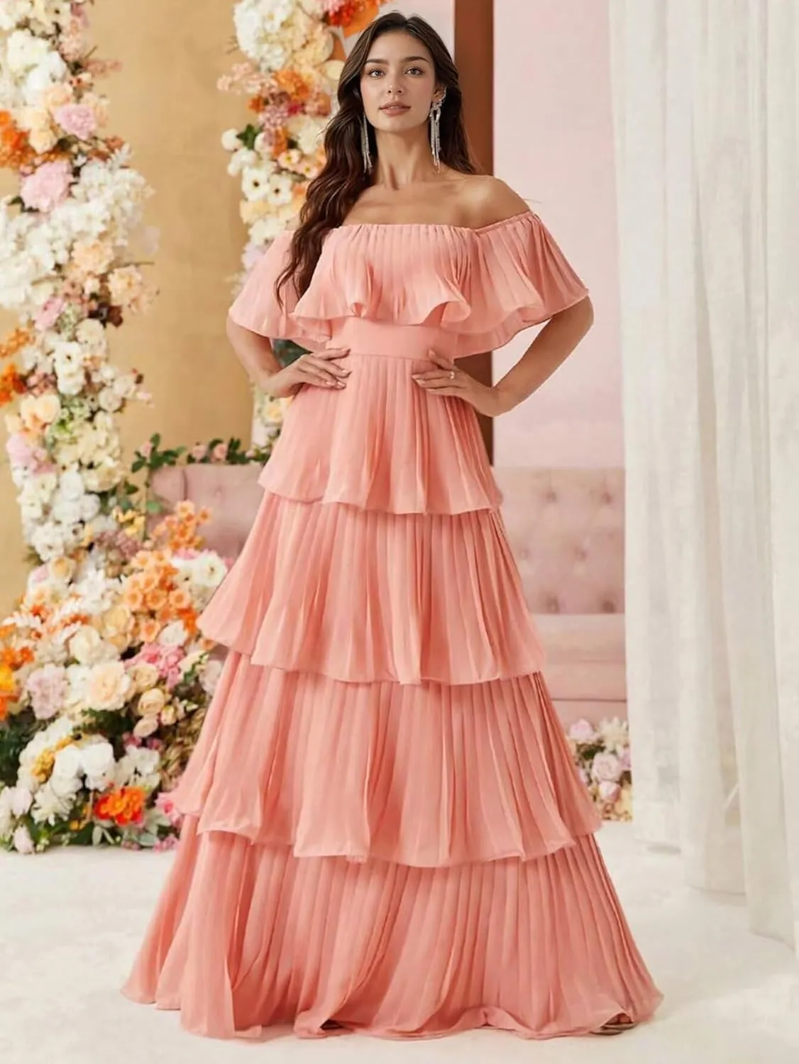 Women's Strapless Prom Dress Sleeveless Chiffon Pleated Layered Formal Dress 2025 LN94