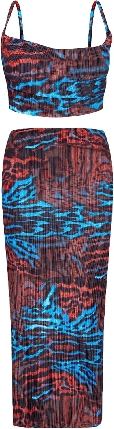 Women's Summer 2 Piece Beach Outfit Casual Sleeveless Pleated Cropped Tank Top High Waisted Maxi Skirt Set