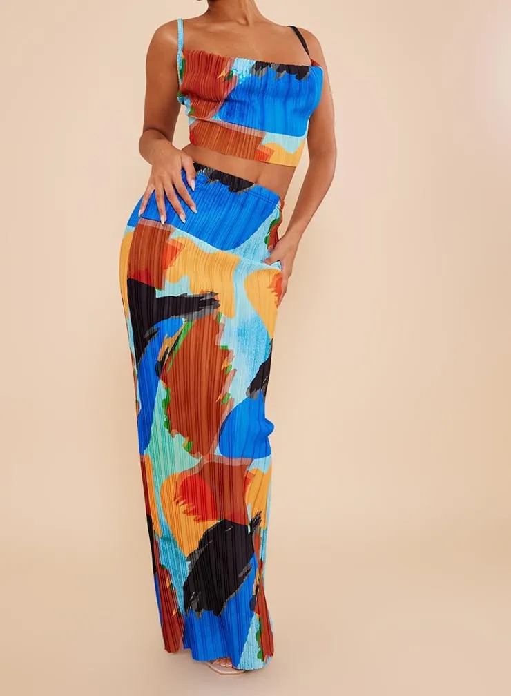 Women's Summer 2 Piece Beach Outfit Casual Sleeveless Pleated Cropped Tank Top High Waisted Maxi Skirt Set