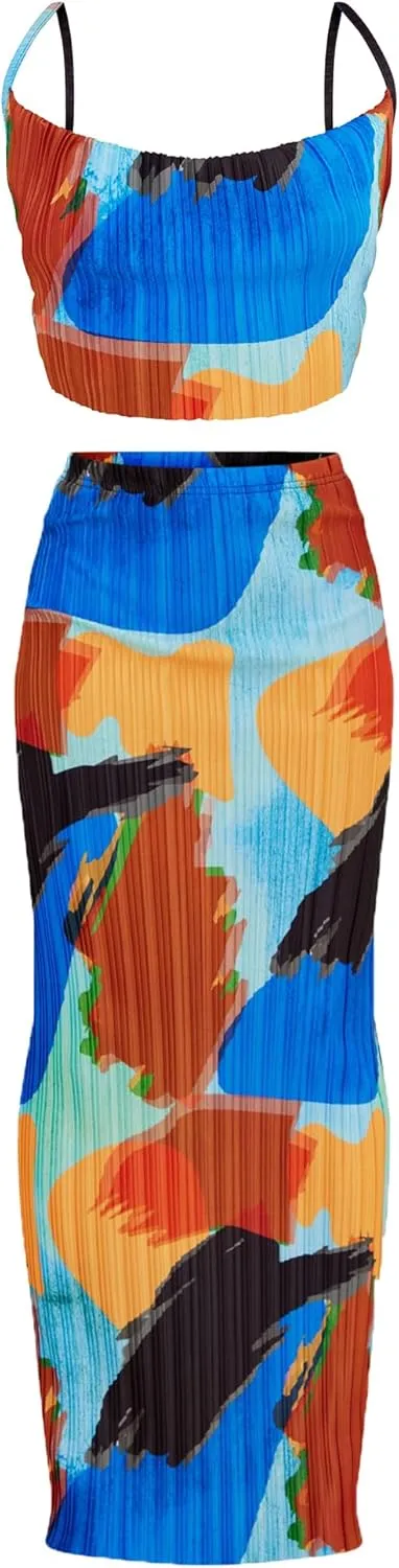 Women's Summer 2 Piece Beach Outfit Casual Sleeveless Pleated Cropped Tank Top High Waisted Maxi Skirt Set