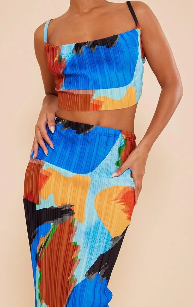 Women's Summer 2 Piece Beach Outfit Casual Sleeveless Pleated Cropped Tank Top High Waisted Maxi Skirt Set