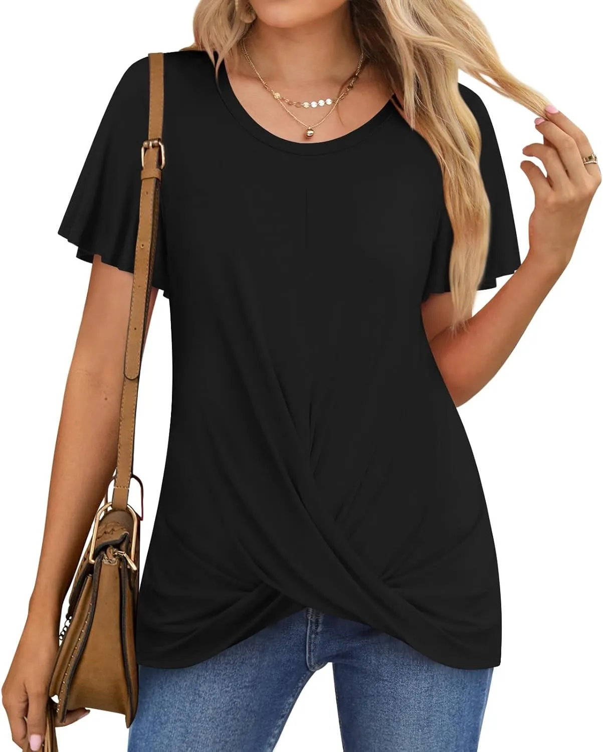 Women's Summer 2025 Casual Tunic Wavy Short Sleeve Blouse Front Twist Tops Tee For Leggings