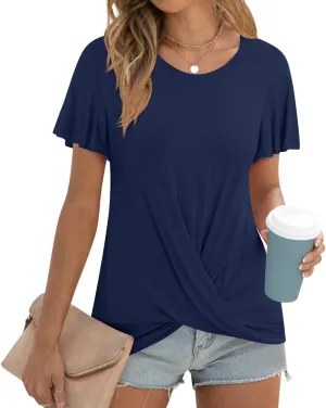 Women's Summer 2025 Casual Tunic Wavy Short Sleeve Blouse Front Twist Tops Tee For Leggings
