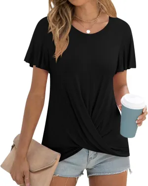 Women's Summer 2025 Casual Tunic Wavy Short Sleeve Blouse Front Twist Tops Tee For Leggings