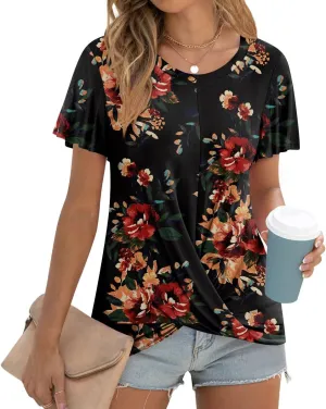 Women's Summer 2025 Casual Tunic Wavy Short Sleeve Blouse Front Twist Tops Tee For Leggings