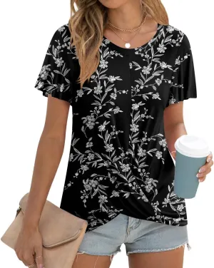 Women's Summer 2025 Casual Tunic Wavy Short Sleeve Blouse Front Twist Tops Tee For Leggings