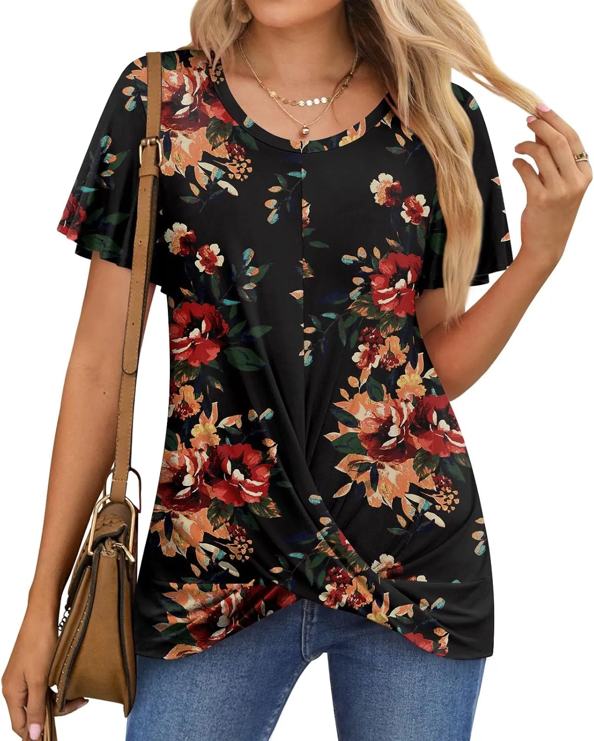 Women's Summer 2025 Casual Tunic Wavy Short Sleeve Blouse Front Twist Tops Tee For Leggings