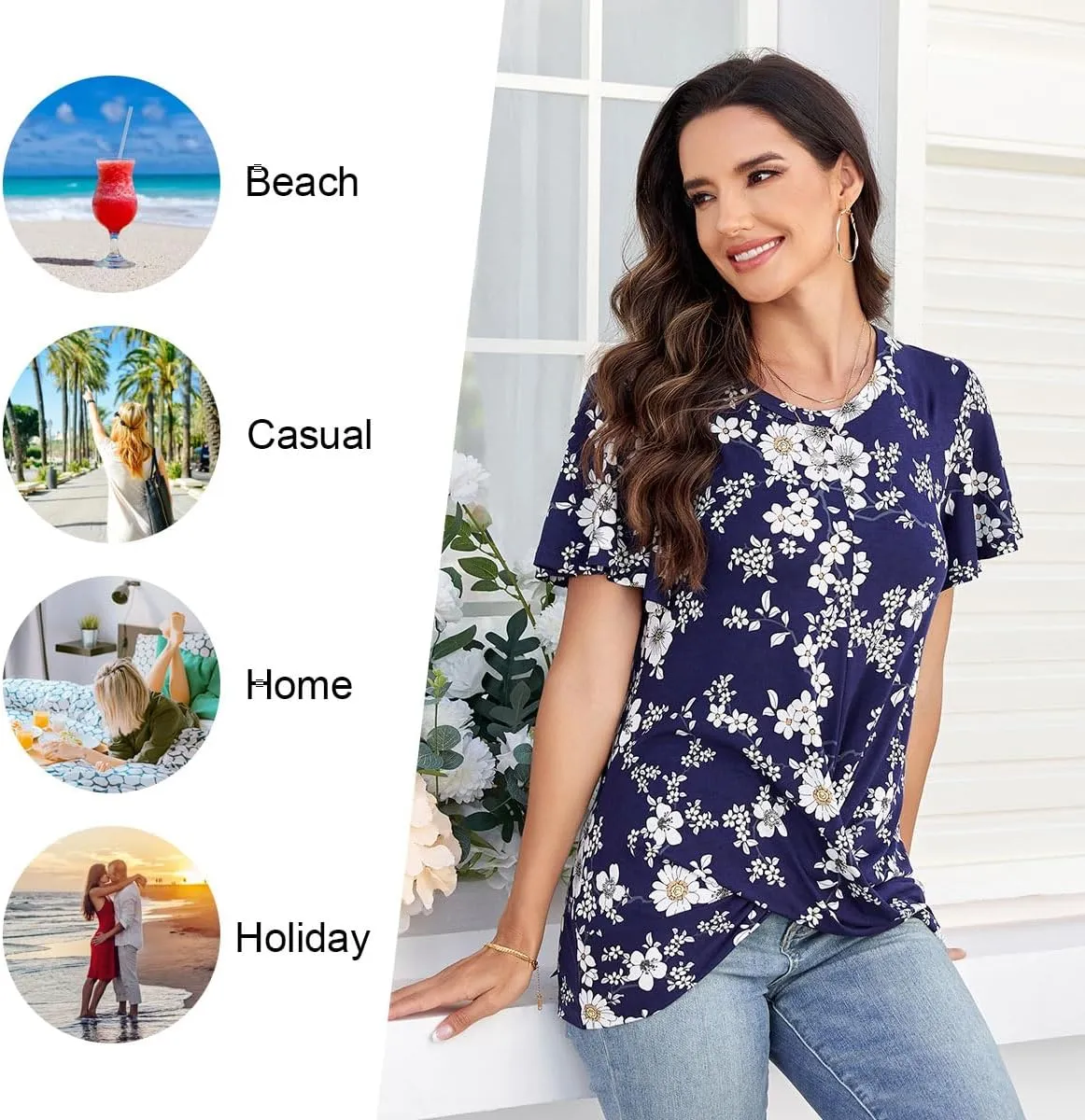 Women's Summer 2025 Casual Tunic Wavy Short Sleeve Blouse Front Twist Tops Tee For Leggings