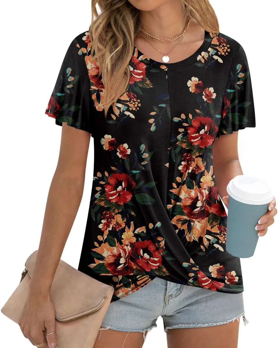 Women's Summer 2025 Casual Tunic Wavy Short Sleeve Blouse Front Twist Tops Tee For Leggings