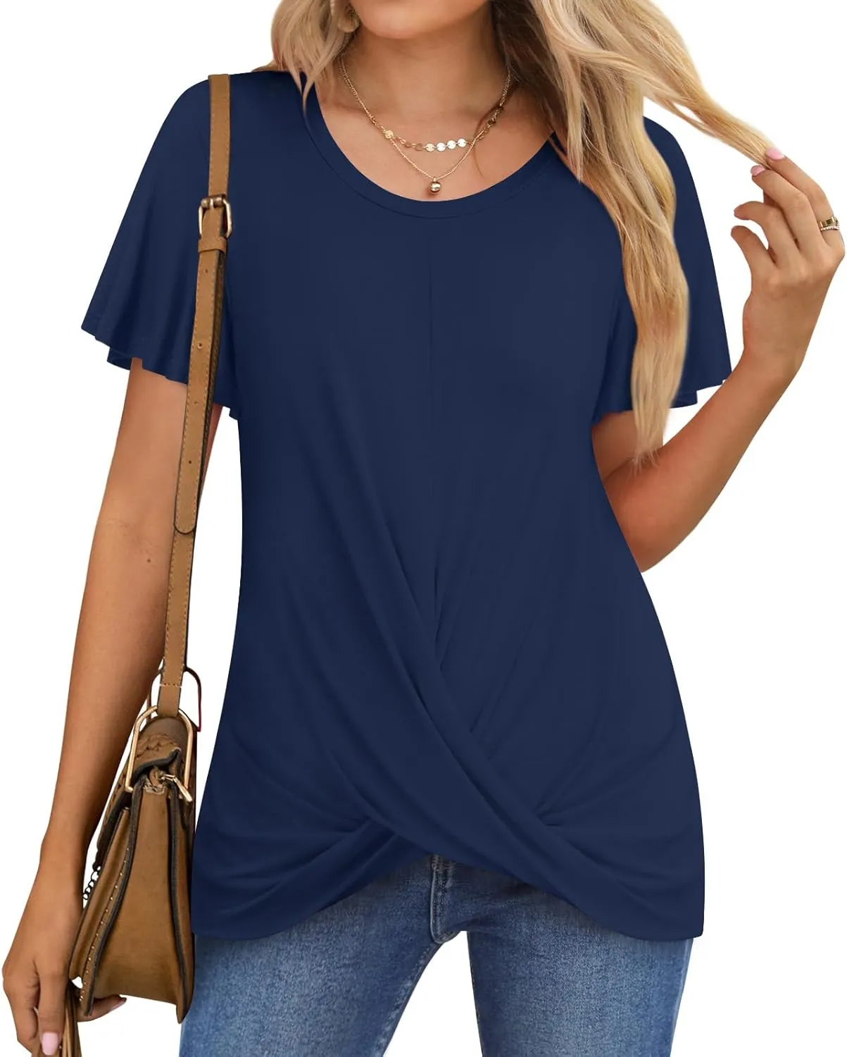 Women's Summer 2025 Casual Tunic Wavy Short Sleeve Blouse Front Twist Tops Tee For Leggings