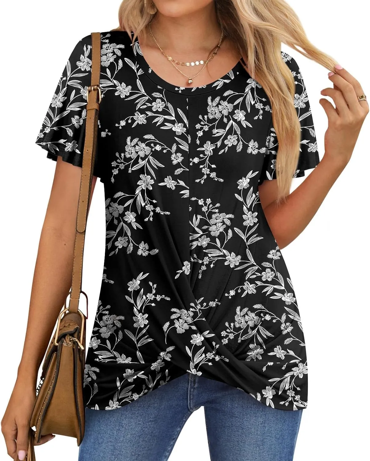 Women's Summer 2025 Casual Tunic Wavy Short Sleeve Blouse Front Twist Tops Tee For Leggings