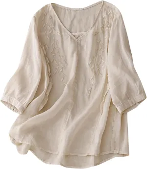 Women's Summer 3/4 Sleeve Cotton Linen Tops Vintage Mexican Embroidered Shirts Casual V Neck Boho Blouse Oversized