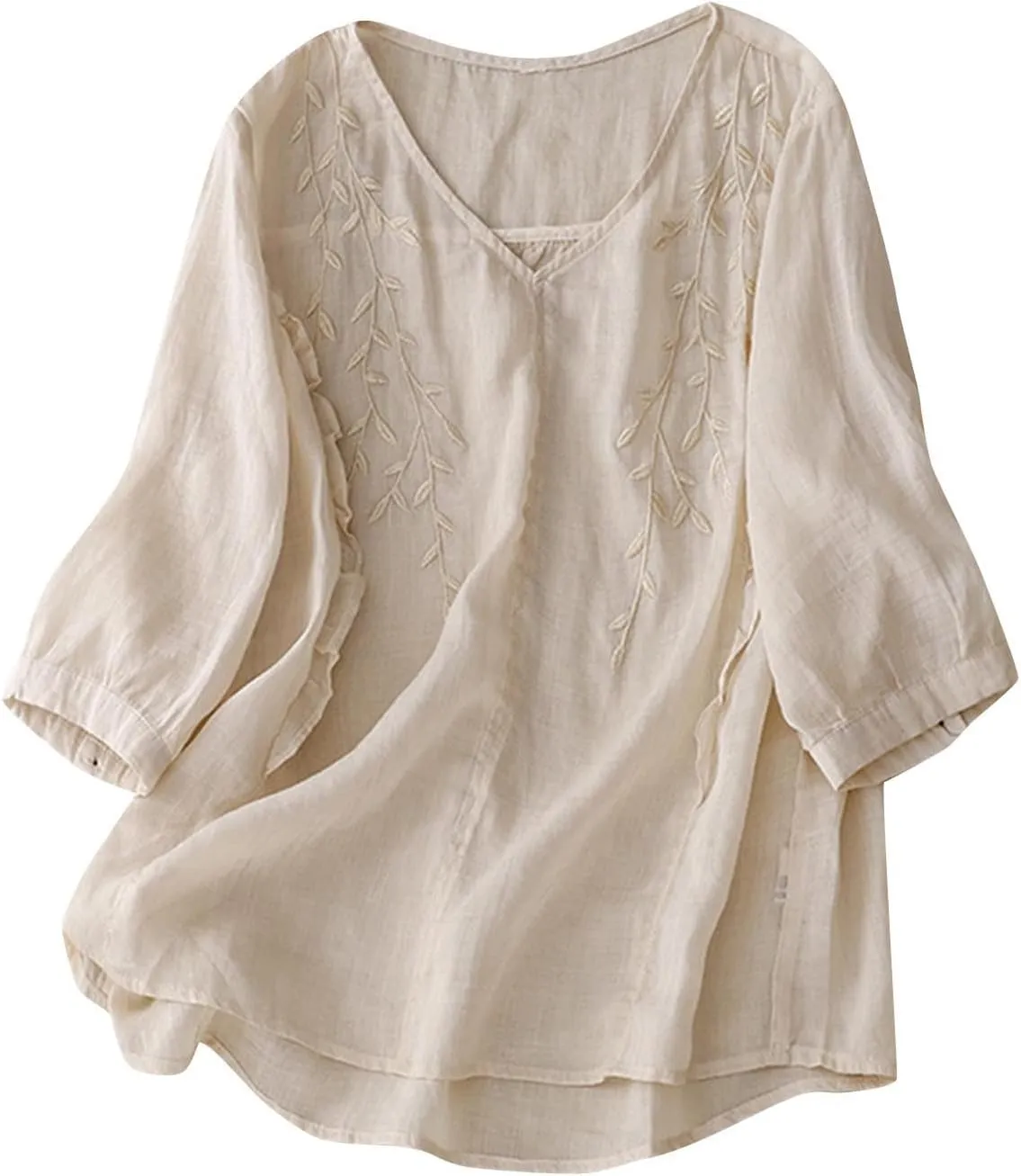 Women's Summer 3/4 Sleeve Cotton Linen Tops Vintage Mexican Embroidered Shirts Casual V Neck Boho Blouse Oversized
