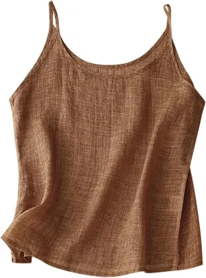 Womens Summer Camisole Cotton Linen Spaghetti Sleeveless Cami Loose Fit Base Layer Tank Tops Beach Vacation Tees