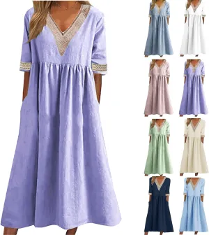 Women's Summer Casual Linen Dress Lace V Neck Half Sleeve A-Line Sundresses Pleated Flowy Loose Fit Midi Dresses