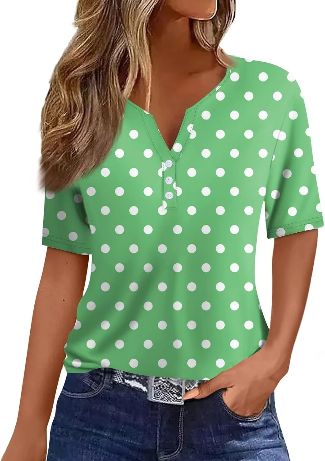 Women's Summer Casual Loose Tops V-Neck Short Sleeve Button Plaid Polka Dot Printed T-Shirt Plus, S-3XL