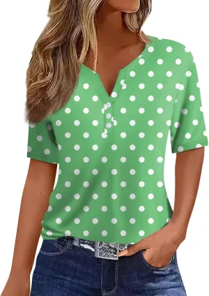 Women's Summer Casual Loose Tops V-Neck Short Sleeve Button Plaid Polka Dot Printed T-Shirt Plus, S-3XL