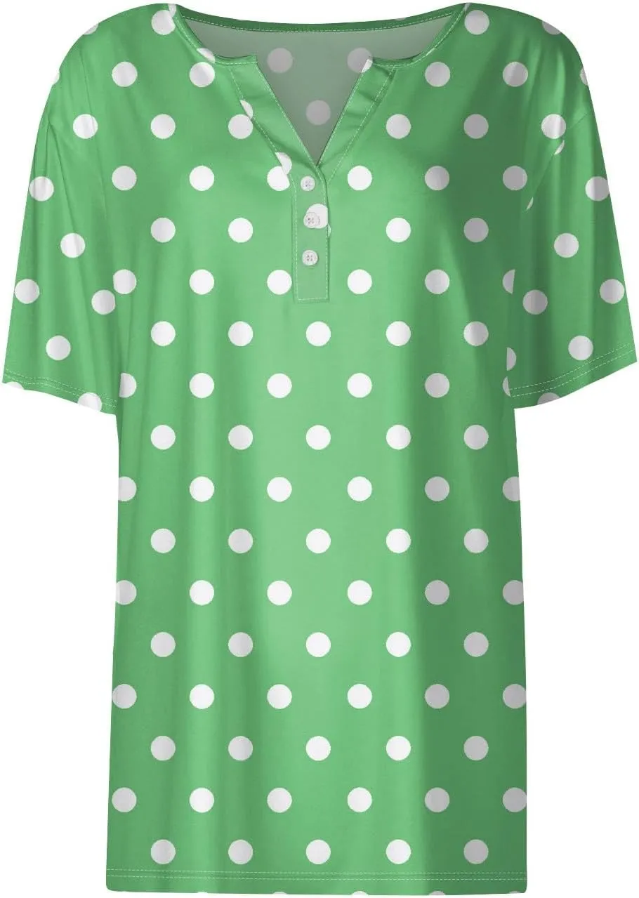 Women's Summer Casual Loose Tops V-Neck Short Sleeve Button Plaid Polka Dot Printed T-Shirt Plus, S-3XL