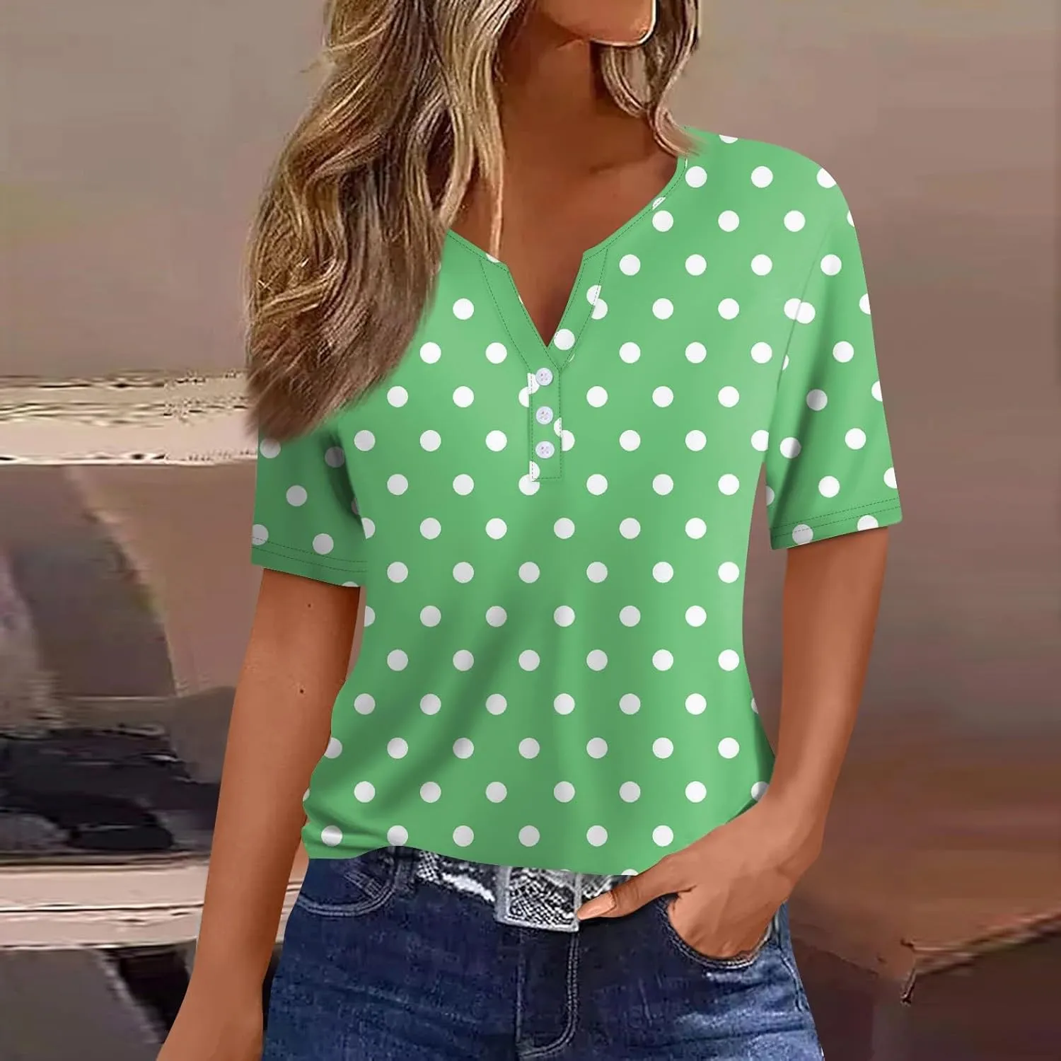 Women's Summer Casual Loose Tops V-Neck Short Sleeve Button Plaid Polka Dot Printed T-Shirt Plus, S-3XL
