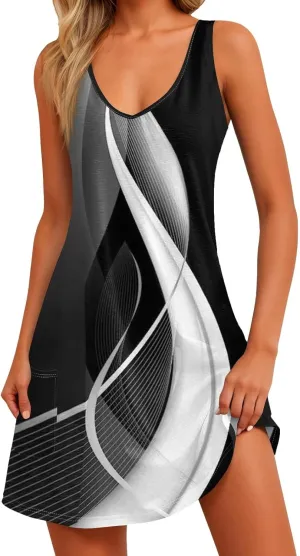 Women's Summer Dresses 2024 Beach Casual Sleeveless Floral Print Boho Tank Dress V Neck Loose Sundress with Pocket