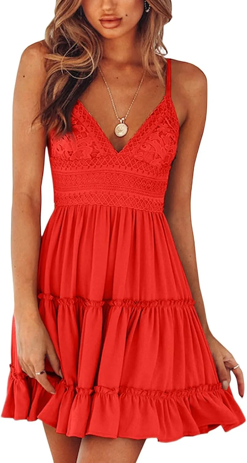Women's Summer Dresses 2025 Mini Lace Floral V Neck Sleeveless Puffy Dress Elegant Flowy Tie Back Concert Milkmaid Dress