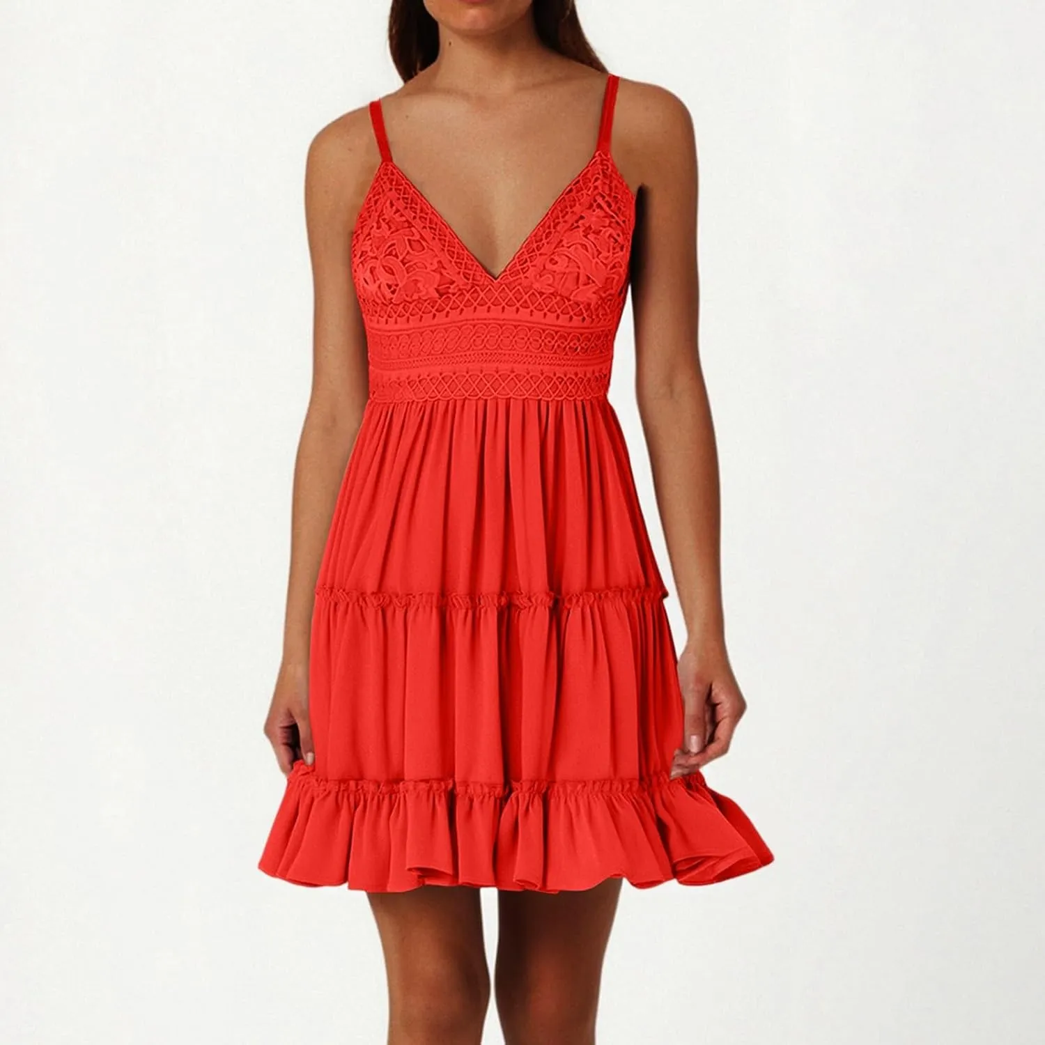 Women's Summer Dresses 2025 Mini Lace Floral V Neck Sleeveless Puffy Dress Elegant Flowy Tie Back Concert Milkmaid Dress